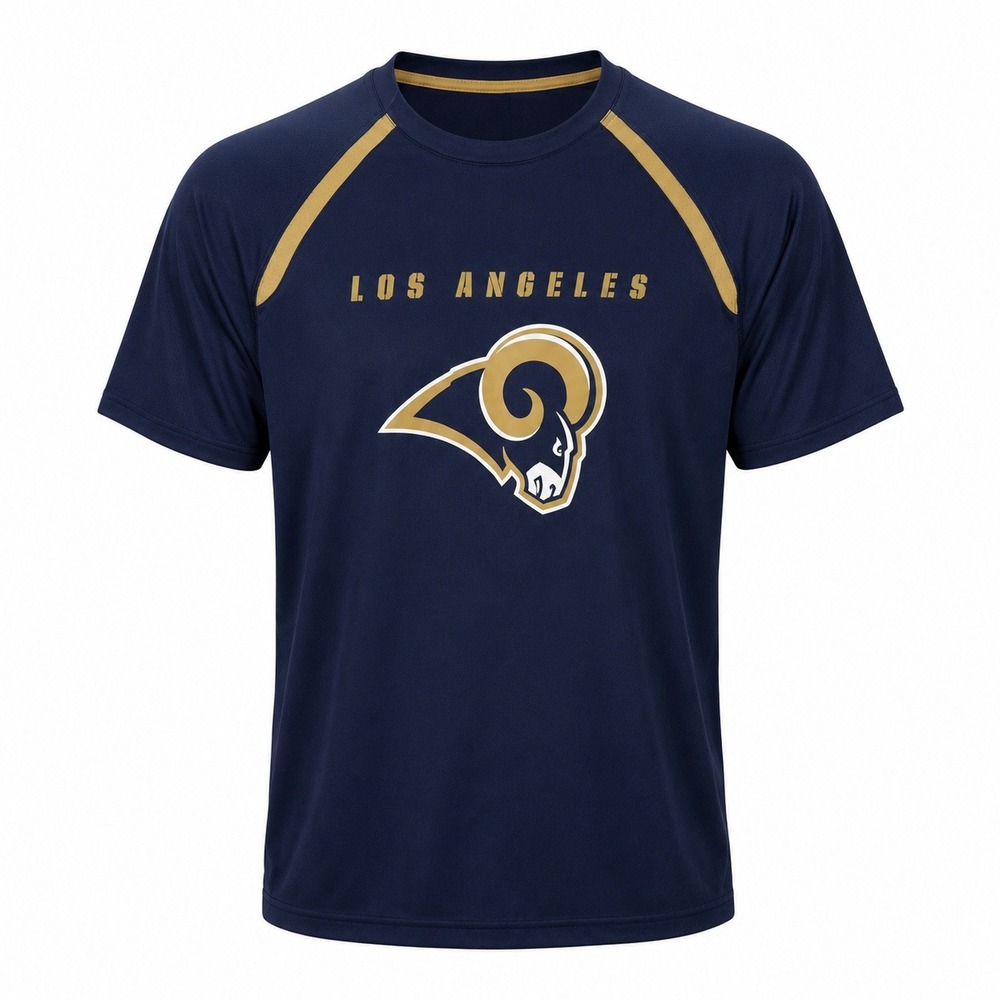 Majestic Cool Base Los Angeles Rams Mens Large Navy Blue Gold Graphic T-Shirt